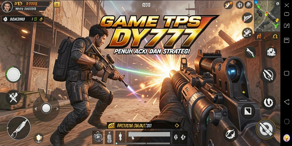 Tangkapan layar utama DY777 menunjukkan aksi gameplay TPS yang mendebarkan.