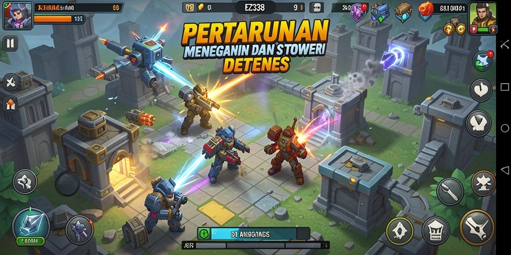 Screenshot menampilkan aksi intens dalam game Tower Defense.