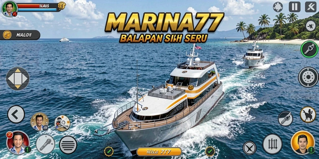 Screenshot utama MARINA77 menampilkan aksi balapan seru di atas ombak.