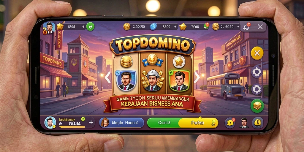 Screenshot gameplay TOPDOMINO yang menunjukkan keseruan membangun kerajaan bisnis.